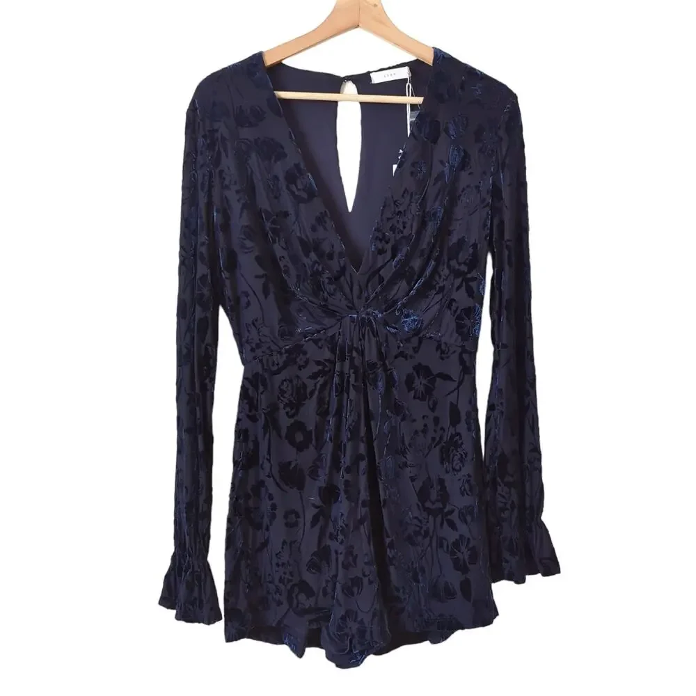 NWT LUSH Women's Blue Velvet‎ Romper Long Bell Sleeve Medium V-Neck Burnout $60
